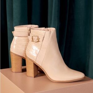 JustFab Olivaya block heeled bootie in Crème Brûlée - WORN ONCE
